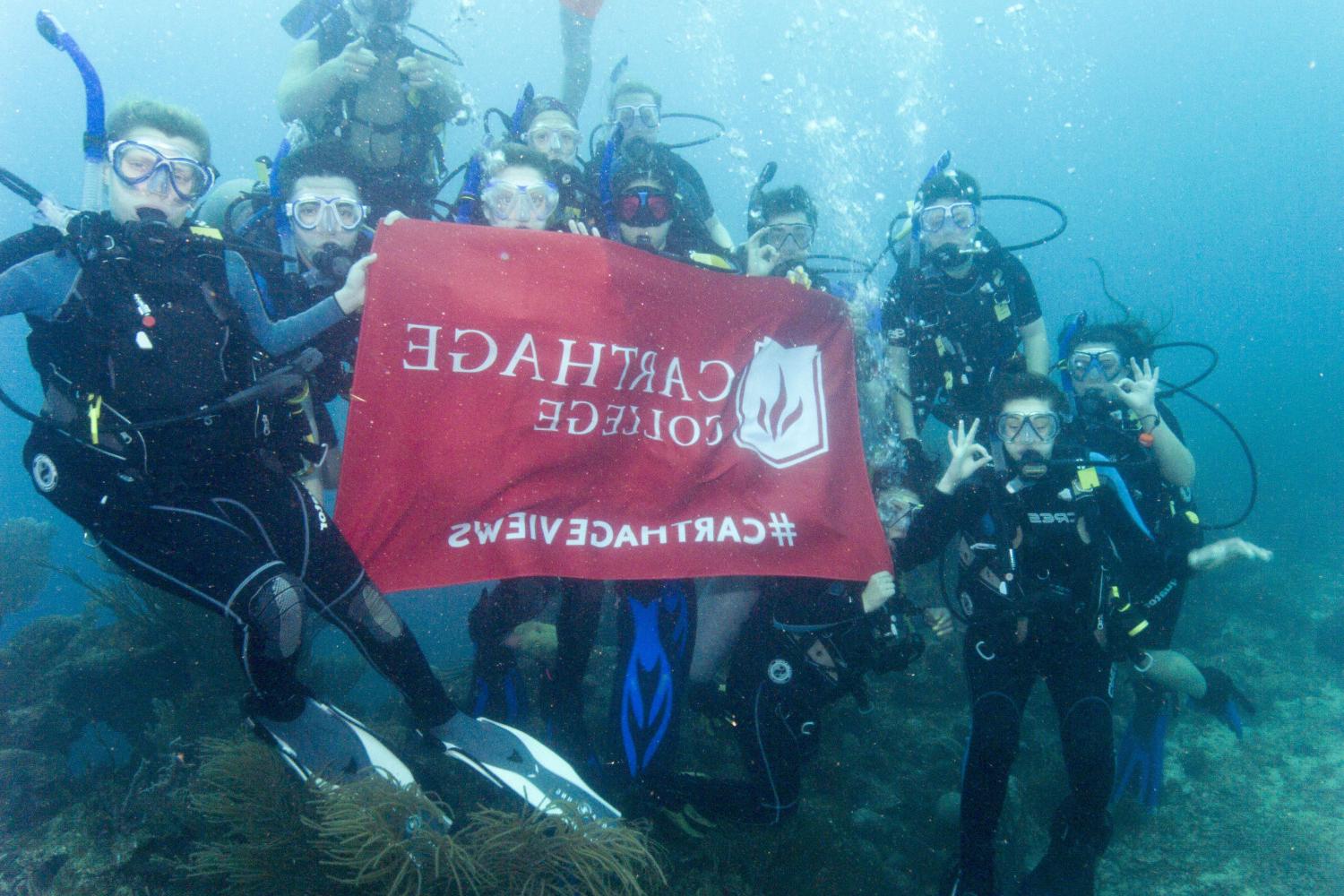 学生们手持<a href='http://hjzi.ngskmc-eis.net'>博彩网址大全</a>旗帜，在j学期洪都拉斯游学之旅中潜水.